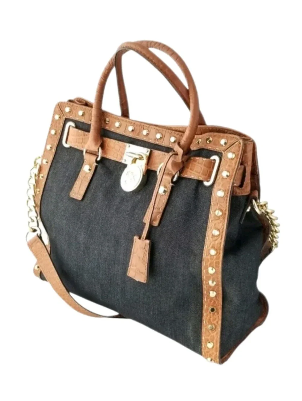Michael Kors Hamilton Studded Denim Croc Leather Large North/South Tote Bag EUC